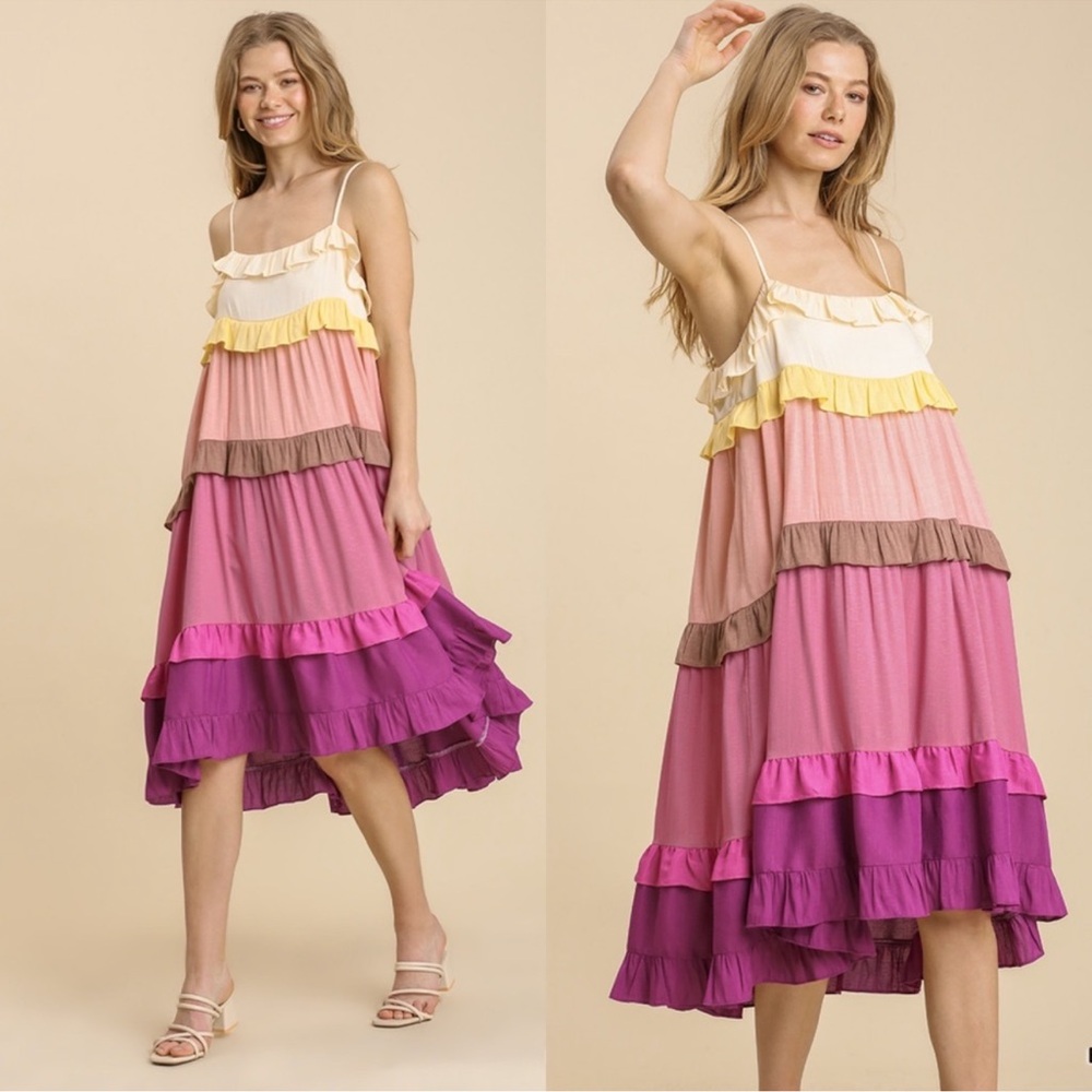 Bungee Midi Ruffle Colorful Tired Dress